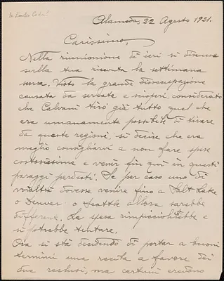 D. Cafforio autograph letter signed, in Italian, to [Emilio Coda?], Alamosa, [Colo. ?], August 22, 1921