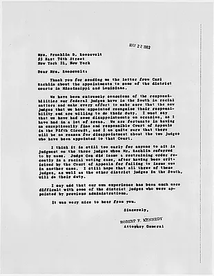 Letters Between Eleanor Roosevelt and Robert F. Kennedy Appointment of Federal Judges