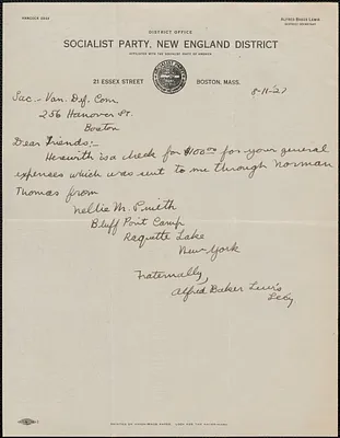Alfred Baker Lewis (Socialist Party, New England District) autograph note signed to Sacco-Vanzetti Defense Committee, Boston, Mass., August 11, 1927