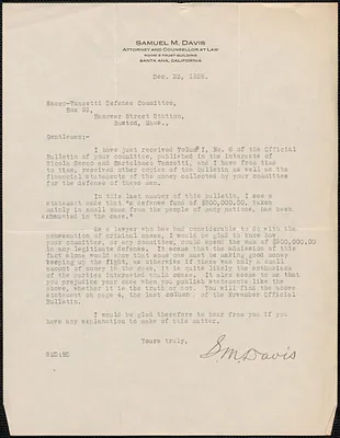 Samuel M. Davis typed letter signed to Sacco-Vanzetti Defense Committee, Santa Ana, Calif., December 23, 1926