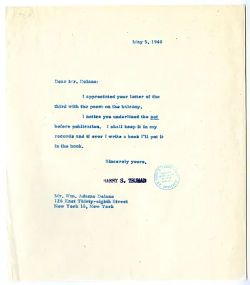 Correspondence Between William Adams Delano and President Harry S. Truman