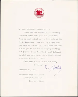 Pritchett, Henry S. (Henry Smith), 1857-1939 typed letter signed to Hugo Münsterberg, Boston, 26 December 1905