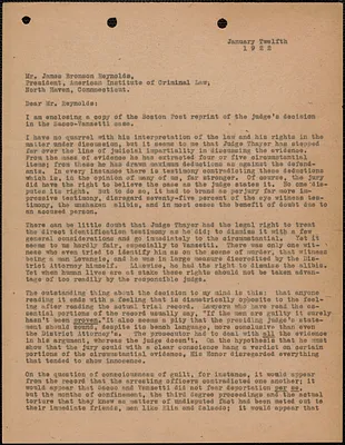 [Eugene Lyons] typed letter (copy) to James Bronson Reynolds (American Institute of Criminal Law and Criminology), [Boston, Mass.], January 12, 1922