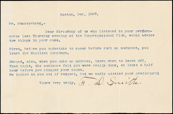 F. D. Smith typed letter signed to Hugo Münsterberg, Boston, December 1907