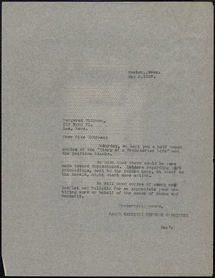 Sacco-Vanzetti Defense Commitee typed letter (copy) to Margaret Shipman, Boston, Mass., May 9, 1927