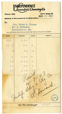 Bill from Independence Laundry & Cleaning Company