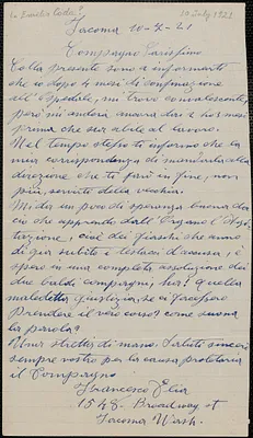 Francesco autograph letter signed, in Italian, to [Emilo Coda?] Tacoma, Wash., July 10, 1921