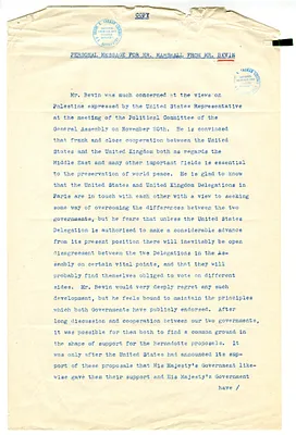 Personal Message from Ernest Bevin to Secretary of State George Marshall