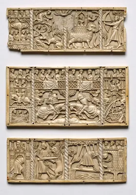 Set of Three Panels from a Casket with Scenes from Courtly Romances