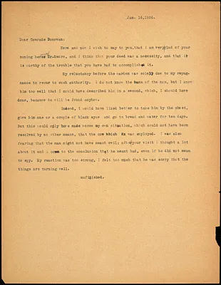Bartolomeo Vanzetti typed letter (incomplete copy) to Mary Donovan, [Charlestown], 16 January 1926