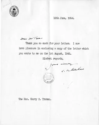 Letter from Clement Attlee to Former President Harry S. Truman, with Attachment