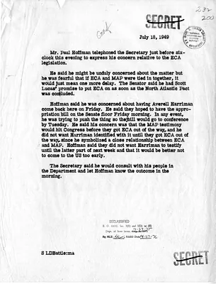 Memorandum of Telephone Conversation with Secretary of State Dean Acheson and Paul Hoffman