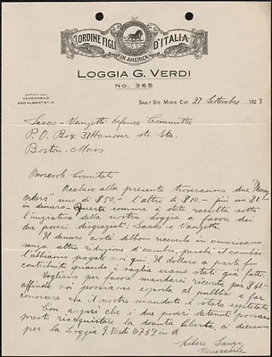 Libero Lauro (Loggia G. Verdi No. 365, Ordine Figli D'Italia in America) autograph letter signed, in Italian, to Sacco-Vanzetti Defense Committee, Sault Ste. Marie, Ontario, September 27, 1923