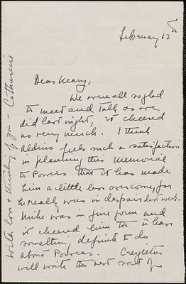 Catharine [Huntington?] autograph letter signed to Mary [Donovan Hapgood, Boston, Mass.?], February 13, 1929