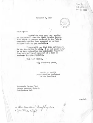 Letter from Donald S. Dawson to Deputy Attorney General Peyton Ford with Related Correspondence