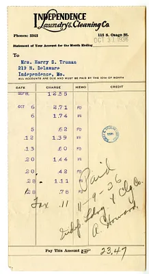 Bill from Independence Laundry & Cleaning Company