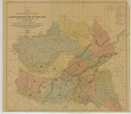 Map of the Former Territorial Limits of the Cherokee "Nation of" Indians Exhibiting the Boundaries of the Various Cessions of Land Made by Them to the United States by Treaty Stipulations, from the Beginning of Their Relations with the Whites to the Date of Their Removal West of the Mississippi River