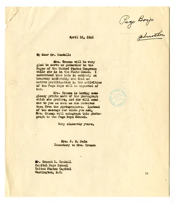 Letter from Ernest L. Kendall to Bess W. Truman with a Reply from Edith Helm