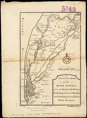 A particular map of the River Sanaga, from its mouth, to the desart, exhibiting its several branches, and the islands formed by them, within that space