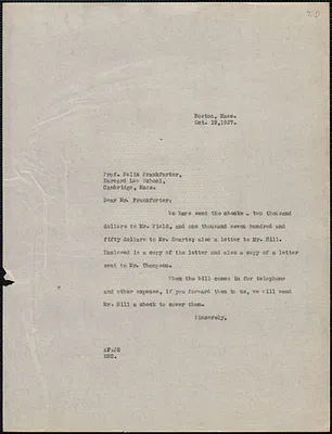Aldino Felicani [Sacco-Vanzetti Defense Committee] typed note (copy) to Felix Frankfurter, Boston, Mass., October 19, 1927