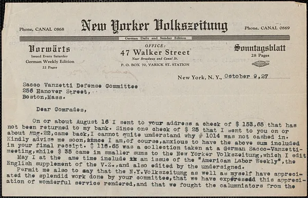 Ludwig Lore (New Yorker Volkszeitung) typed letter signed to Sacco-Vanzetti Defense Committee, New York, N. Y., October 1927