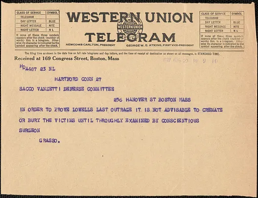 Grasso telegram to Sacco-Vanzetti Defense Committee, Hartford, Conn., August 27, 1927