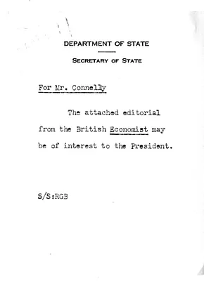 Memorandum from Secrertary of State George C. Marshall to Mattehew Connelly with Attached Telegram from Lewis Douglas to Secretary of State George C. Marshall