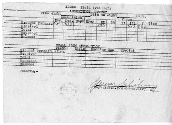 Ammunition Report, Battery E, 129th Field Artillery