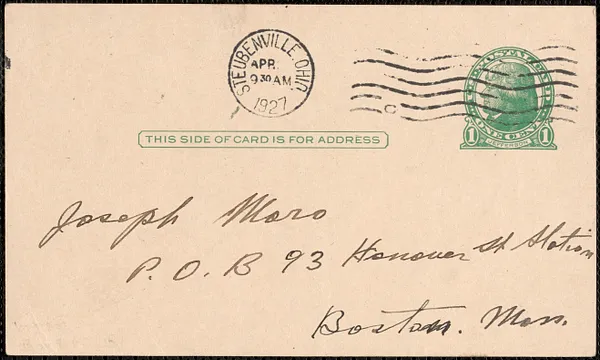 G. Simone autograph note (postcard) to Joseph Moro, Steubenville, Ohio, April 1927