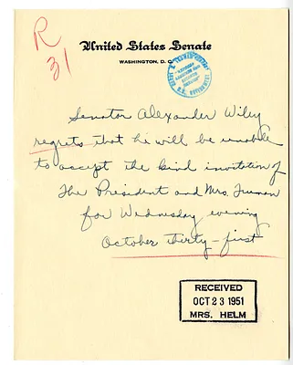 Invitation Reply from Senator Alexander Wiley to the White House Social Office