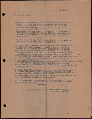 Letter from Mrs. Paul F. Duggan to LCRC about discrimination her family has faced