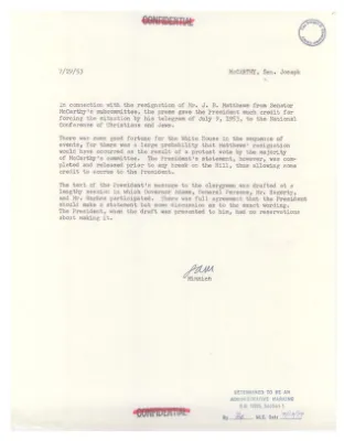 Staff Notes on Senator Joseph McCarthy