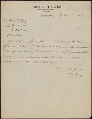 D. J. Casey (Empire Theatre) autograph letter signed to Frank R. Lopez, Fall River, Mass., January 17, 1924