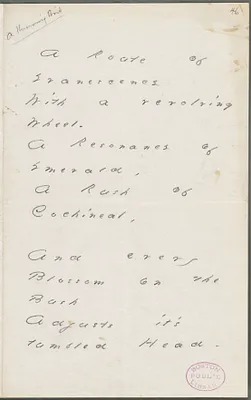 Emily Dickinson, Amherst, Mass., autograph manuscript poem: A route of evanescence, 1880