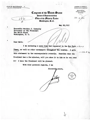 Letter from Congressman John W. McCormack to Matthew Connelly, with Attached New York Times Newspaper Clipping