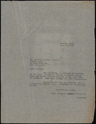 Sacco-Vanzetti Defense Committee typed note (copy) to Leonard D. Abbott (The Square Deal), Boston, Mass., December 13, 1926