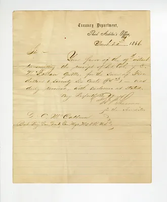 Letter from McCallum to Third Auditor's Office, March 20, 1866
