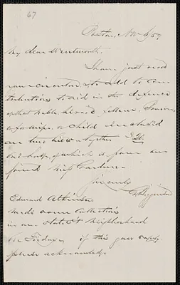 George Higginson autograph note signed to Thomas Wentworth Higginson, Boston, 6 November [18]59