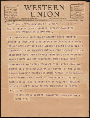 Student Sacco-Vanzetti Committee telegram to Sacco-Vanzetti Defense Committee, New York, N.Y., August 14, 1927