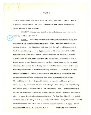 Transcript of Lansing Lamont Interview with Ralph Carlisle Smith of Los Alamos Laboratory (Tape X)