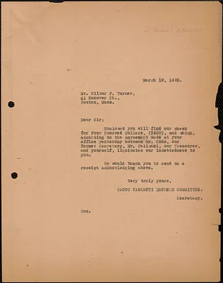 Sacco-Vanzetti Defense Committee typed letter (copy) to Wilber F. Turner, Boston, Mass., March 19, 1925