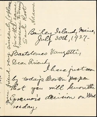 Sarah Adams Root autographed letter signed to Bartolomeo Vanzetti, Bailey Island, Me., 30 July 1927