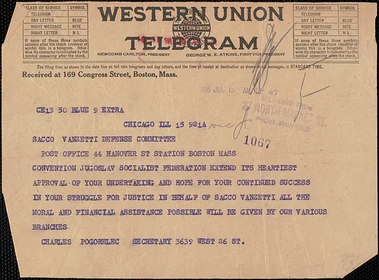 Charles Pogorelic telegram to Sacco-Vanzetti Defense Committee, Chicago, Ill., July 15, 1926