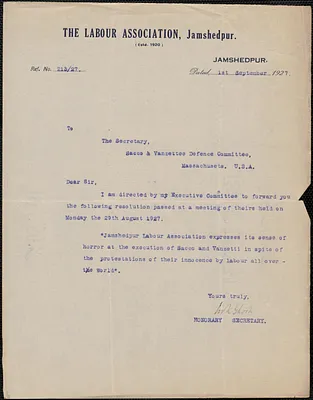 (W?) K. Ghosh (The Labour Association, Jamshedpur) typed letter signed to Sacco-Vanzetti Defense Committee, Jamshedpur, Jharkhand, India, September 1, 1927