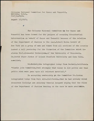 Citizens National Committee for Sacco and Vanzetti press release, Boston, Mass., August 13, 1927