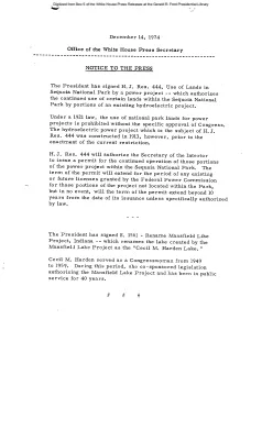 President has signed H.J. Res. 444, Use of Lands in Sequoia National Park, and S. 1561, the Rename Mansfield Lake Project, Indiana [Signing Statements and Announcements]