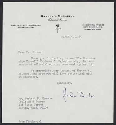 Herbert Brutus Ehrmann Papers, 1906-1970. Sacco-Vanzetti. The Magnetic Point and the Morelli Evidence: Early drafts entitled: The Unshakeable Morelli Evidence, 1965. Box 18, Folder 24, Harvard Law School Library, Historical & Special Collections