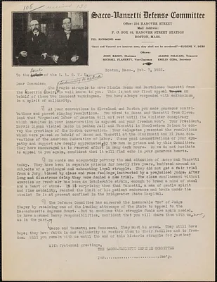 Sacco-Vanzetti Defense Committee typed letter (circular) to the Locals of the International Ladies Garment Workers Union, Boston, Mass., February 7, 1925