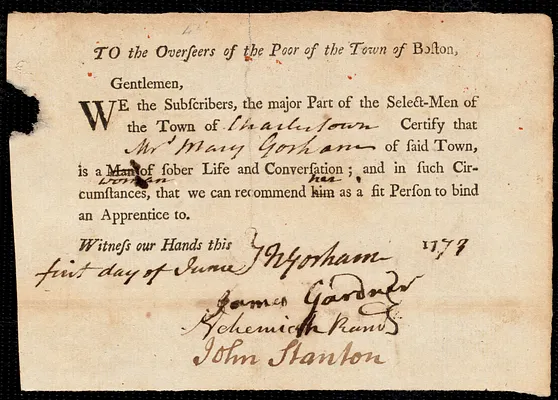 Eleanor Bennet indentured to apprentice with Mary Gorham [Goreham] of Charlestown, 31 May 1773