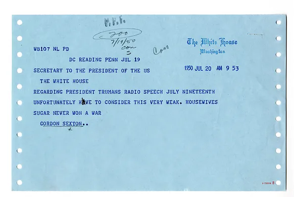 Telegram from Gordon Sexton to President Harry S. Truman